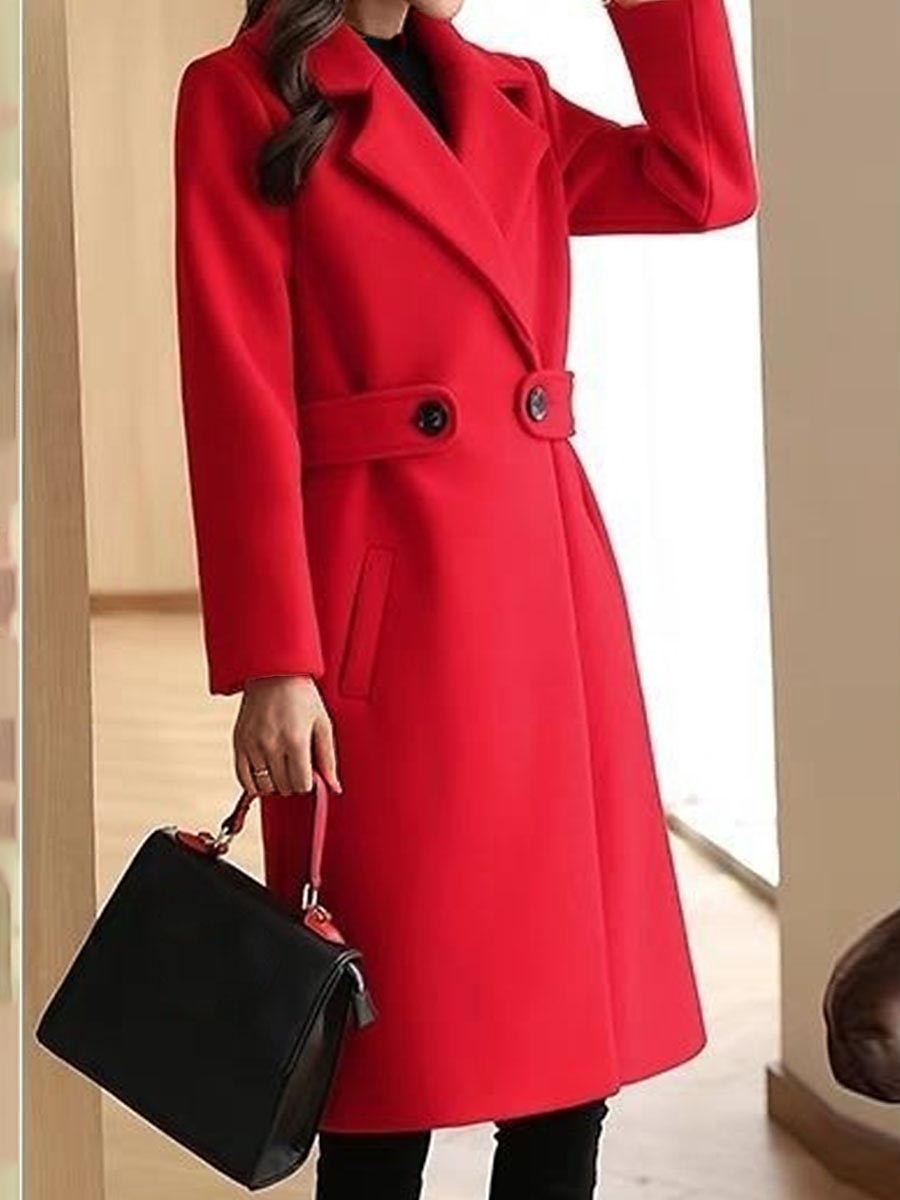 Women's Winter Coat Long Pea Coat Lapel Fall Warm Overcoat Maillard Windproof Warm Outerwear with Pockets Trench Coat Comtemporary Stylish Casual Jacket Long Sleeve Red Camel Brown 2023 - US $44.99 –P7