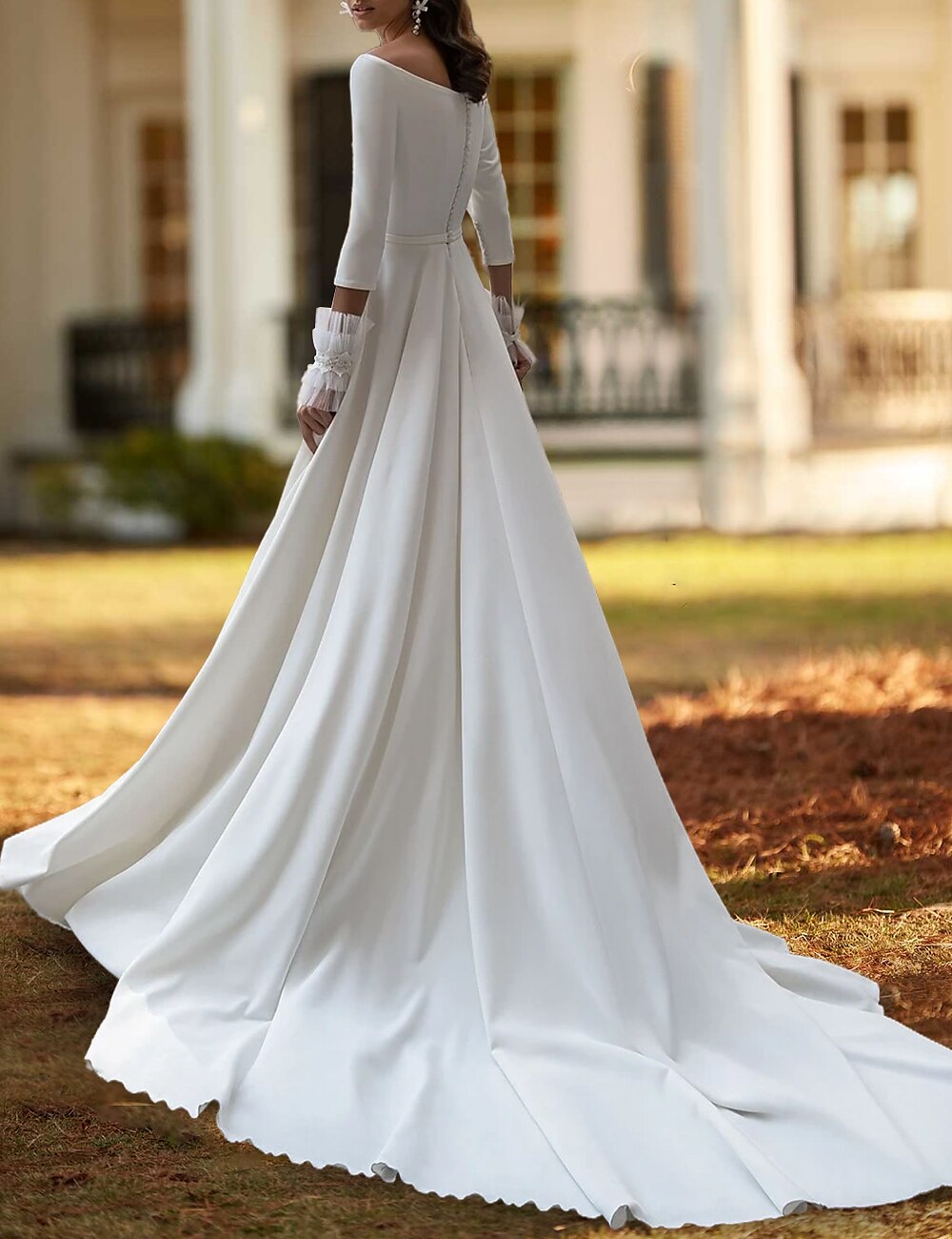 Gorgeous Satin Backless Wedding Dress 3/4 Sleeve Cathedral Train Brida –  Okdresses