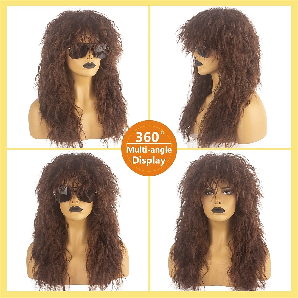 Perruque Homme Années 80 - Cheveux Longs Bouclés Noir, Fibre Haute Température, Neuf Avec étiquettes