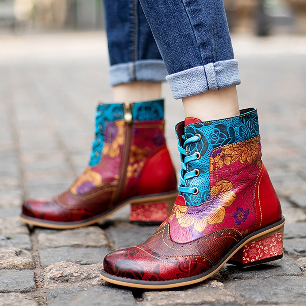 Botine de damă retro florale cu șireturi, cu fermoar, design colorat mozaic – stil casual și vintage pentru purtarea de zi cu zi 2025 - $94.99 –P9