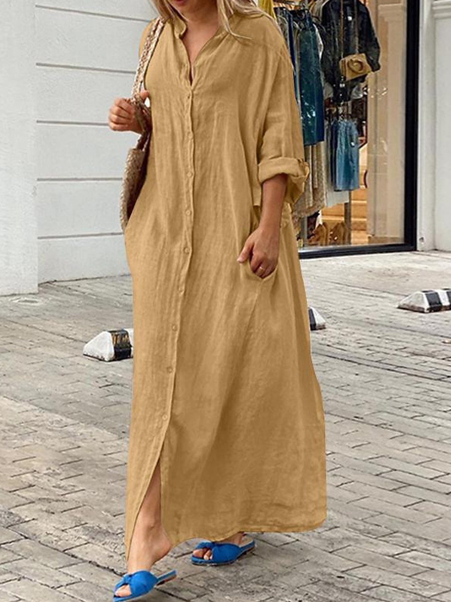 Femmes Noir Blanche Jaune Automne Robe Maxi Robe maxi Robes inspirées du lin Robe Blanche Robe noire Mode Quotidien Classique Extérieur Vacances Quotidien Coupe Ample Uni Col montant de 2025 ? $46.99 –P8