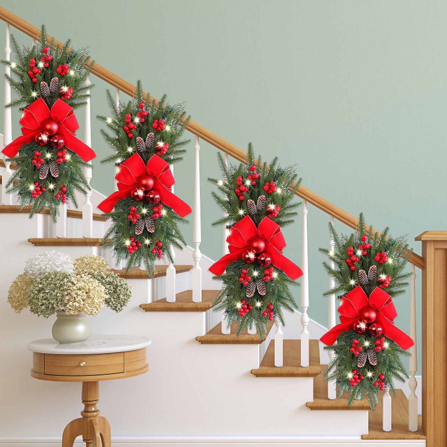 Christmas Wreaths Xmas Swags with Lights Cordless Prelit Stairway Stairway Staircase Window Wall Decoration Teardrop Trim Wreath Rattan Shopping Mall Hotel Outdoor 2025 - $27.99 –P1