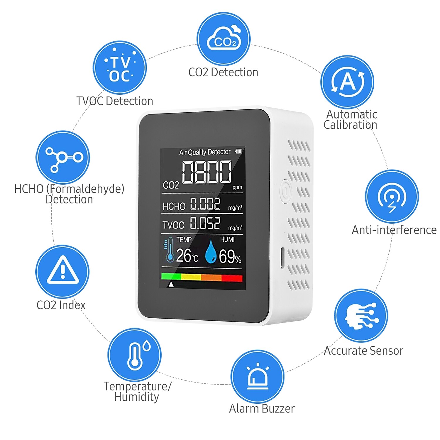 Multifunctional 5in1 CO2 Meter Digital Temperature Humidity Tester Carbon Dioxide TVOC HCHO Detector Air Quality Monitor 2025 - $31.99 –P8