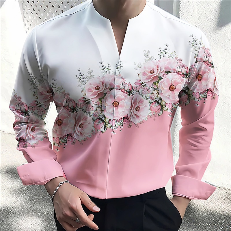 Herre Blomstret Skjorte Skjorte med knapper Langermet Mote Gatemote Designer utendørs Avslappet Daglig Sommer Høst V-hals Trykt mønster Gul Rosa Blå Lilla Grå 2025 - $26.99 –P1