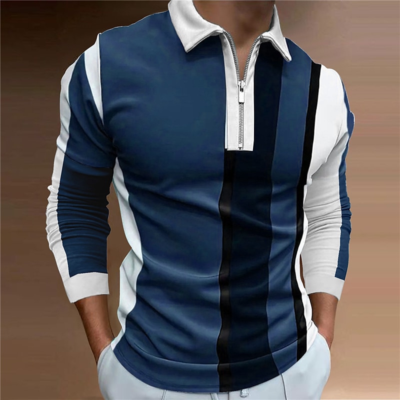 Men's Striped Zip Polo Shirts Golf Shirt Long Sleeve Polo Shirts Collared Shirts Business Casual WorkWear Formal Wear Festival Wear 3D Print Quarter Zip Polo Navy Blue Dark Green Brown 2025 - $23.99 –P5