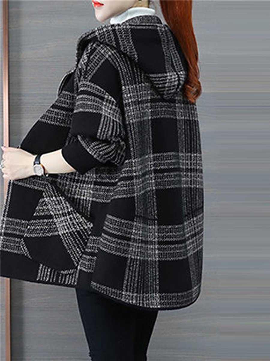 Women's Hoodie Jacket Fall Zip up Sweatshirt Drawstring Sweatshirt Winter Cropped Coat Windproof Warm Casual Jacket Long Sleeve Plaid with Pockets Black 2023 - US $29.99 –P10