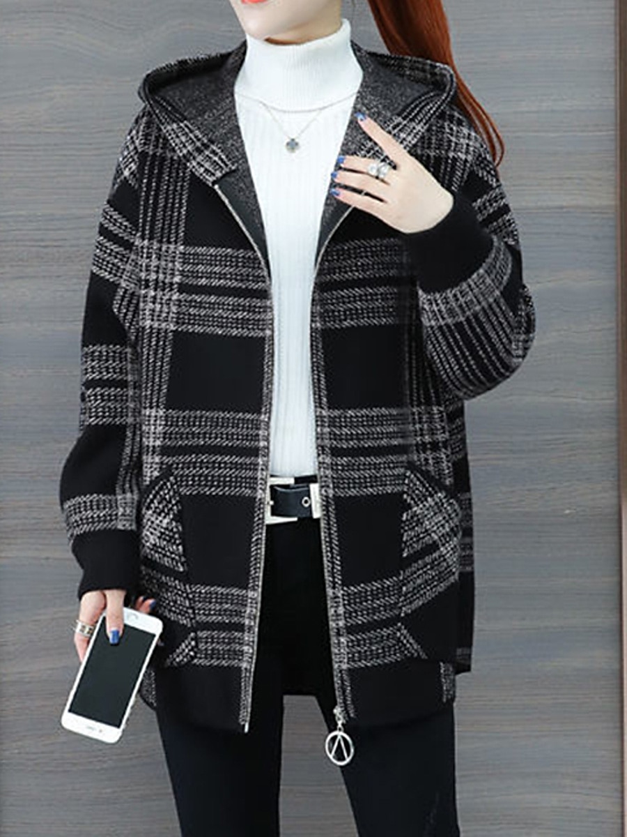 Women's Hoodie Jacket Fall Zip up Sweatshirt Drawstring Sweatshirt Winter Cropped Coat Windproof Warm Casual Jacket Long Sleeve Plaid with Pockets Black 2023 - US $29.99 –P6