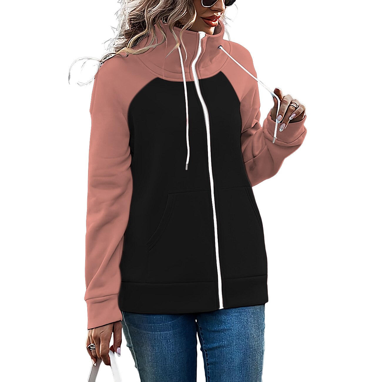 Damen Farbblock Basic Langarm Kapuzenpullover Normale Oberteile Strasse Casual Reißverschluss Vordertasche Weiß Rosa Rote Grün Armeegrün Herbst Winter 2025 - $20.99 –P3