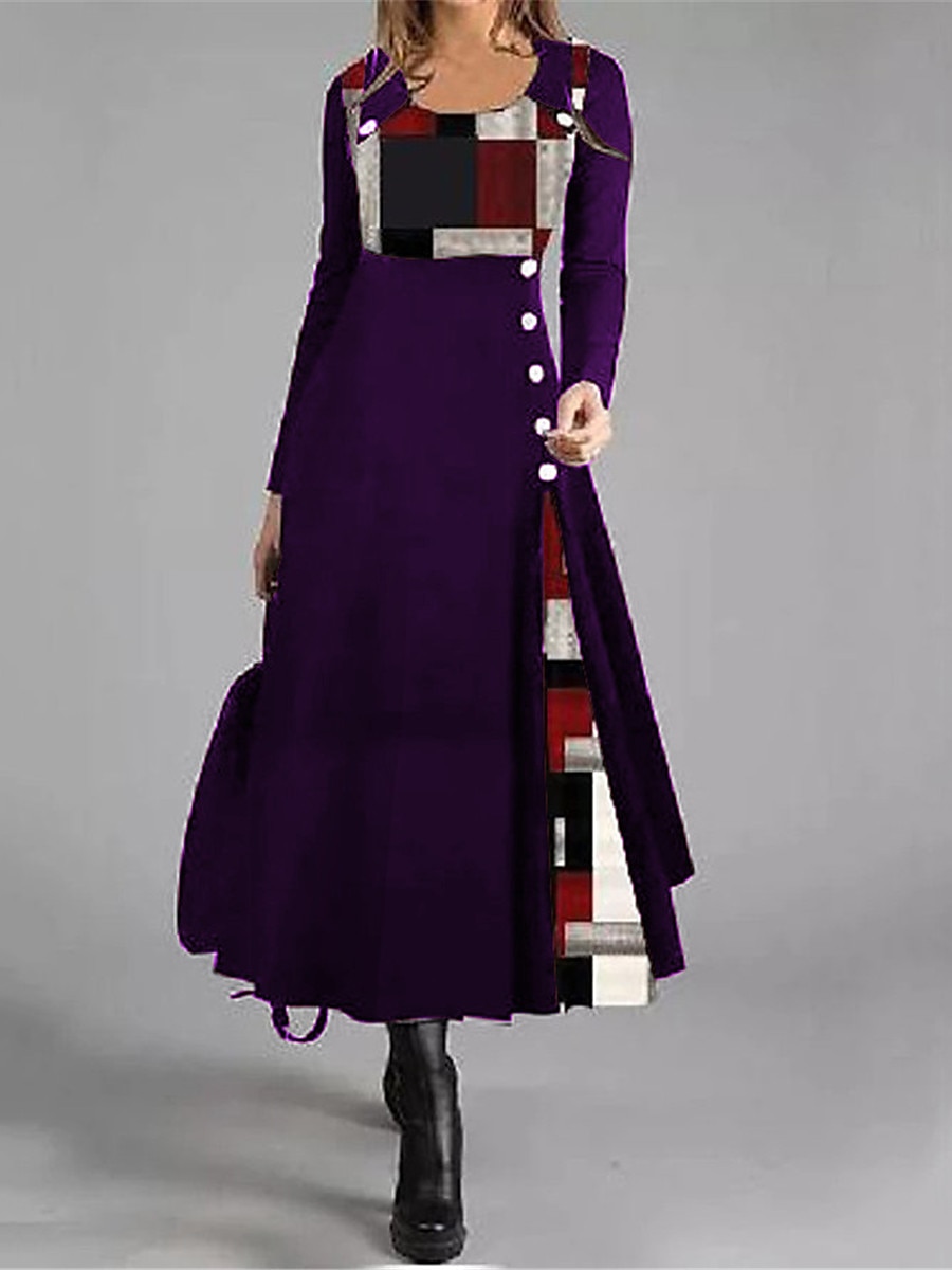 Women's Causal Dress A-Line Dress Geometric Patchwork Button Long Sleeve Round Neck Black Red Work Fall Winter Soft Comfortable Regular 2025 - $30.99 –P2