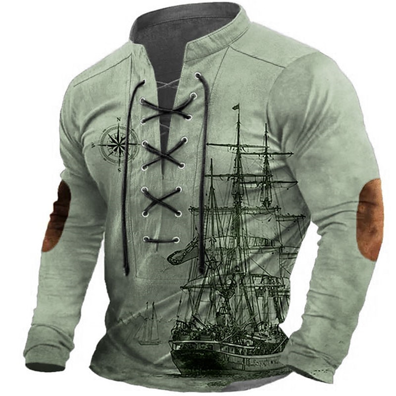 Per uomo Nave Stampe astratte Bussola Magliette grafiche Camicia d'epoca Manica lunga maglietta Camicia Di tendenza Originale Informale Esterno Da mare Da tutti i giorni Blu Verde Cachi Primavera del 2025 a $22.99 –P2