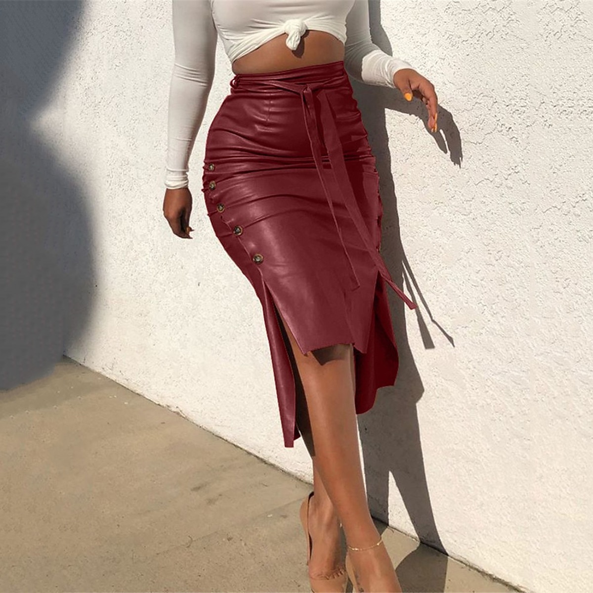 Women's Skirt Bodycon Fashion Casual Midi High Waist Skirts Solid Colored Maillard Split Ends Vacation Street Black Wine Brown Spring Faux Leather Leather 2025 - $21.99 –P1