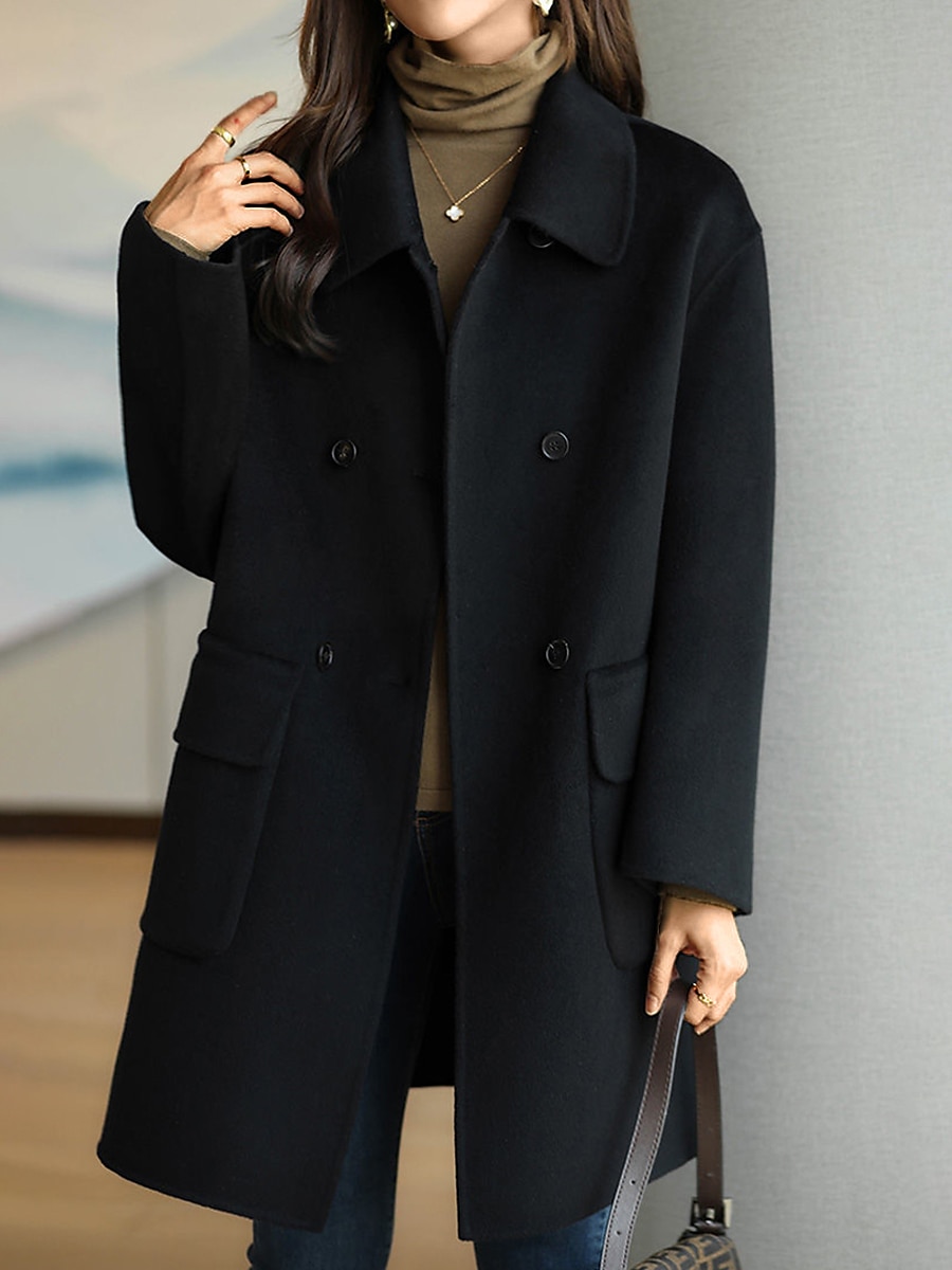 Women's Coat Winter Long Pea Coat Windproof Over Coat with Pockets Maillard Warm Fall Trench Coat Modern Casual Trendy Jacket Long Sleeve Black Red Camel 2023 - US $28.99 –P12