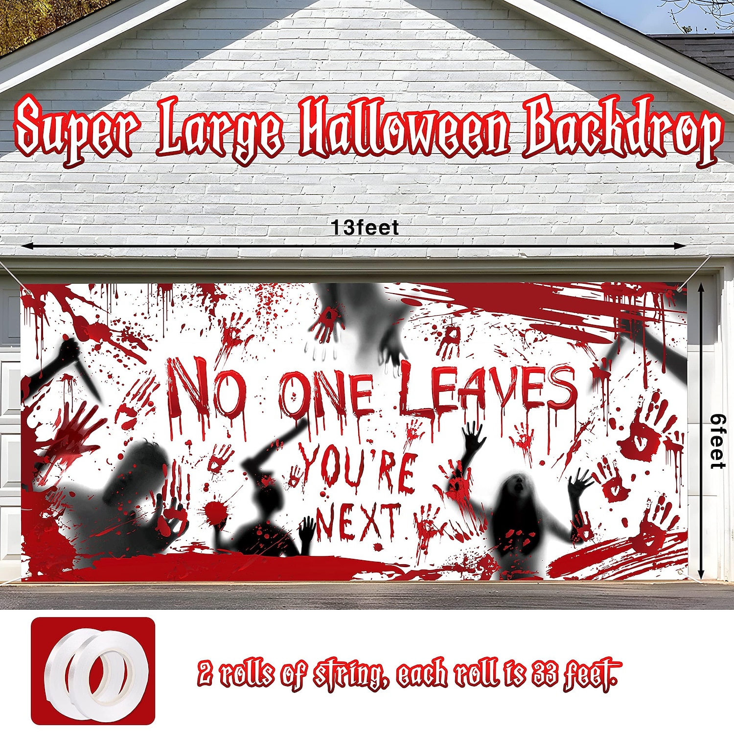 krvavý halloween banner- dlouhý halloween venkovní dekorace banner krvavá ruka pozadí party dekorace potřeby na zeď kancelář plot dvorek garáž pozadí halloween dekorace 2025 - $15.49 –P4