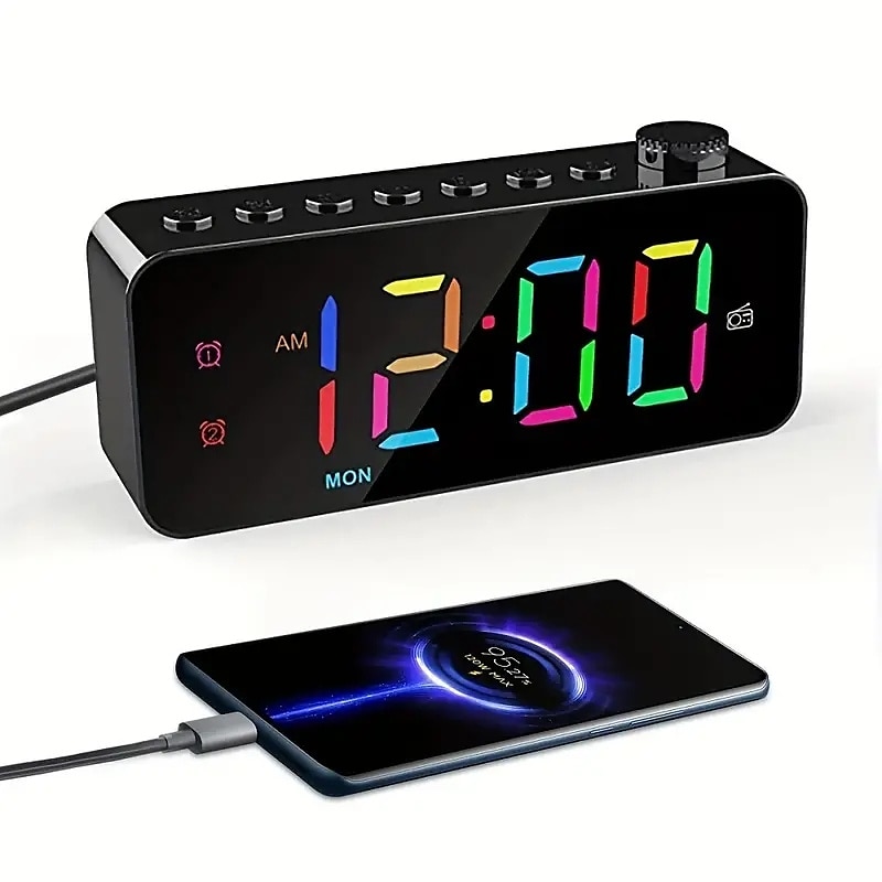 1pc Dynamic RGB Color Changing FM Radio Digital Alarm Clock with Sleep Timer and Dual Alarm - 8 Colors 12/24H Electronic LED Clock 2025 - $29.99 –P9