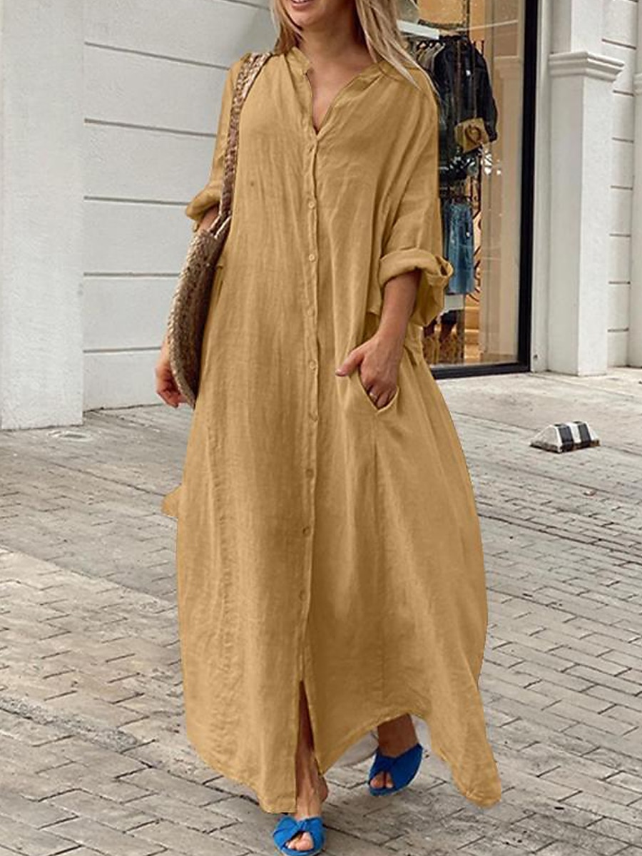 Femmes Noir Blanche Jaune Automne Robe Maxi Robe maxi Robes inspirées du lin Robe Blanche Robe noire Mode Quotidien Classique Extérieur Vacances Quotidien Coupe Ample Uni Col montant de 2025 ? $46.99 –P7