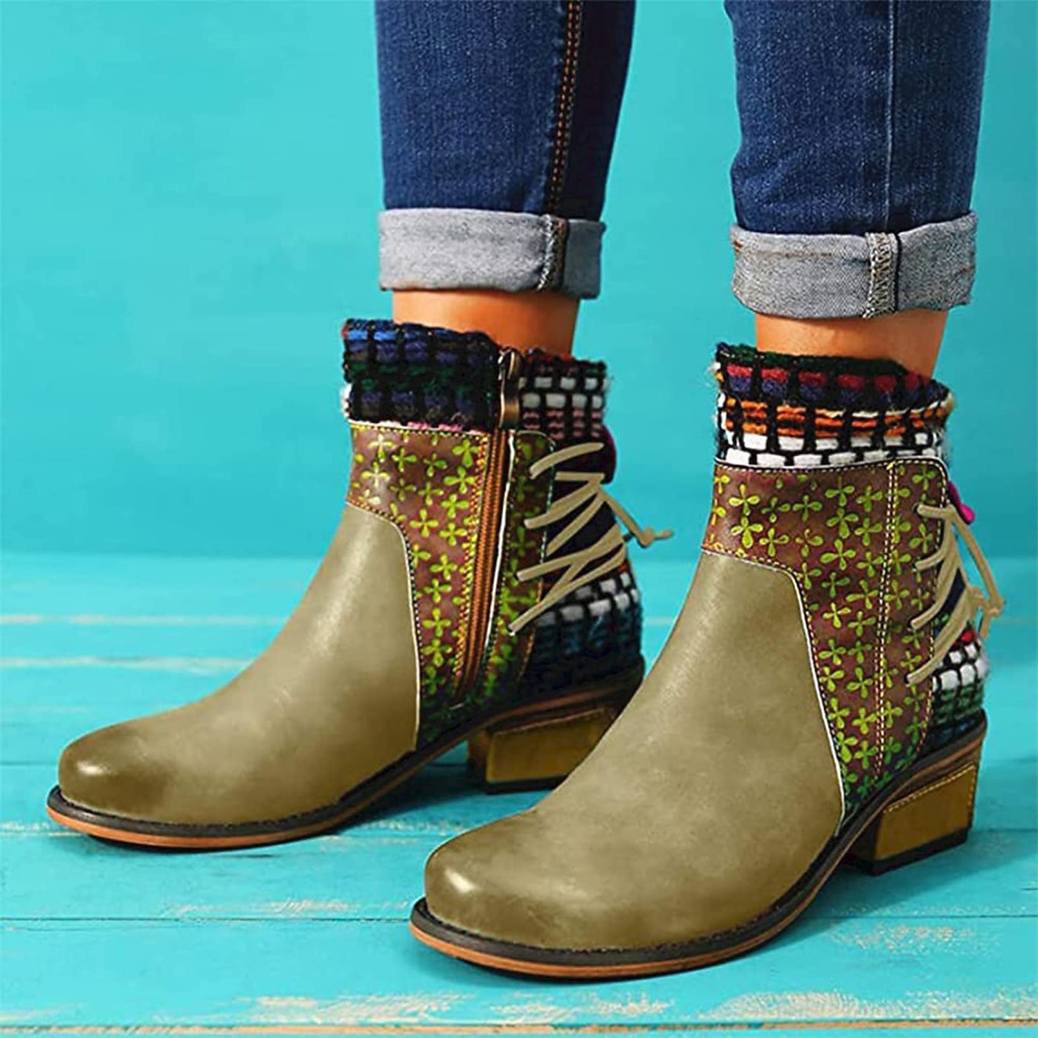 cizme boho chic de damă cu mozaic colorat și fermoar – cizme cu șireturi în stil vintage pentru toamnă și iarnă 2025 - $59.99 –P2