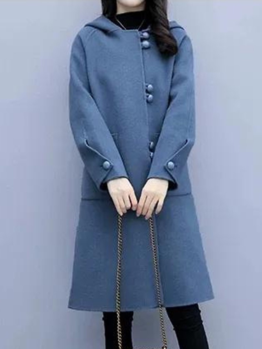 Women's Long Coat Elegant Hooded Overcoat Fall Single Breasted Pea Coat Winter Warm Windproof Trench Coat Modern Casual Trendy Jacket Long Sleeve with Pockets Black Blue 2023 - US $27.99 –P6