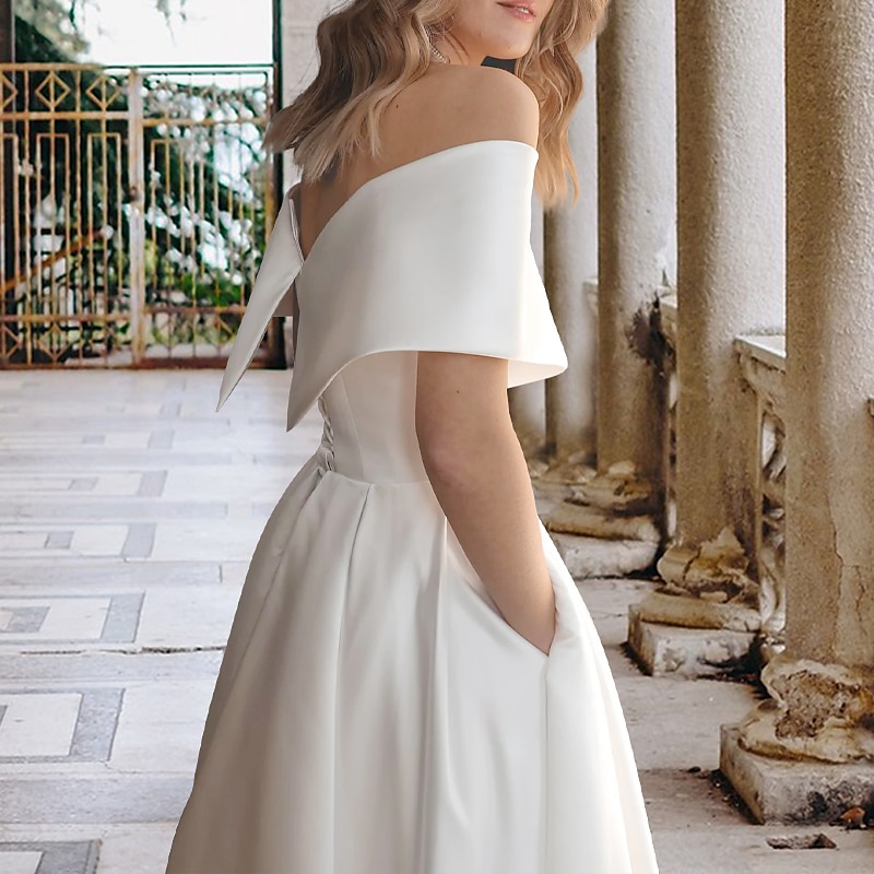 Mottakelse Liten Hvit Kjole Bryllup Dusj Kjoler Bryllup Kjoler A-Linje Off Shoulder Kappe Erme Te Lengde Sateng Bryllups Gowns Med Folder Rynket 2025 - $150.99 –P3