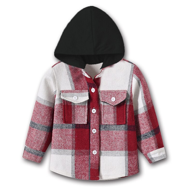 Barn Pojkar Kappa Hoodiejacka Ytterkläder Rutig Långärmad Knappar Täcka Utomhus Mode Streetwear Dagligen Vin Armégrön Rubinrött Höst Vinter 7-13 år 2025 - $28.99 –P7