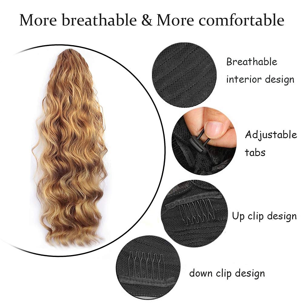 24 pouces long corps vague queue de cheval extension de cheveux synthétique résistant à la chaleur enveloppement autour cordon bouclés ondulés queue de cheval postiches pour les femmes de 2025 ? $6.99 –P3