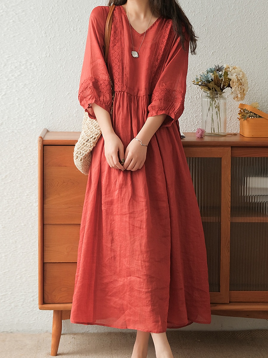Femmes Noir Blanche Jaune Automne Robe maxi Robes inspirées du lin Robe Décontractée Basique Classique Occasionnel Extérieur Vacances Quotidien Coupe Ample Uni Col en V de 2025 ? $32.99 –P8
