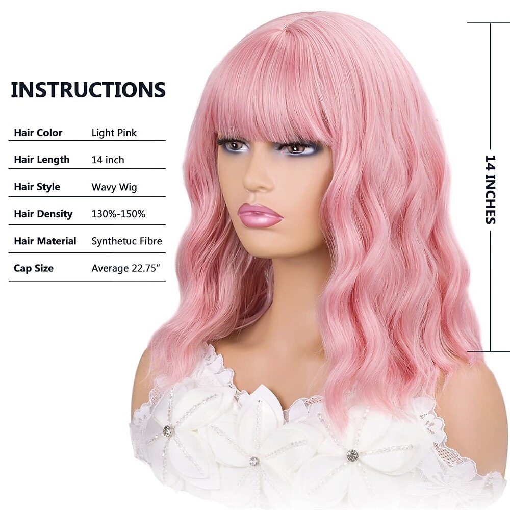 Pink Wig with Bangs Short Wavy Pink Wigs for Women Bob Wig 14 Inch Shoulder Length Middle Part Pastel Wig Curly Synthetic Colored Wigs for Girls Daily Cosplay Party Use 2025 - $21.99 –P6