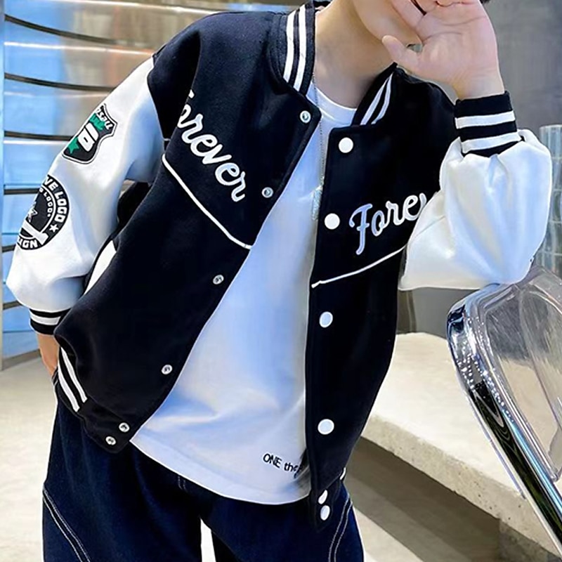 Barn Pojkar Baseballjackor Ytterkläder Färgblock Bokstav Rand Långärmad Ficka Täcka Skola Sport Mode Streetwear Svart Grön Höst Vinter 7-13 år 2025 - $22.99 –P3
