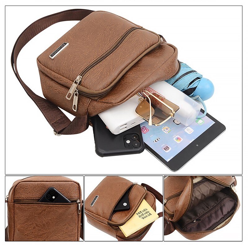 Men's Crossbody Bag Shoulder Bag Satchel PU Leather Outdoor Daily Holiday Buttons Zipper Large Capacity Waterproof Lightweight Solid Color Yellow brown Black Brown 2025 - $18.99 –P6