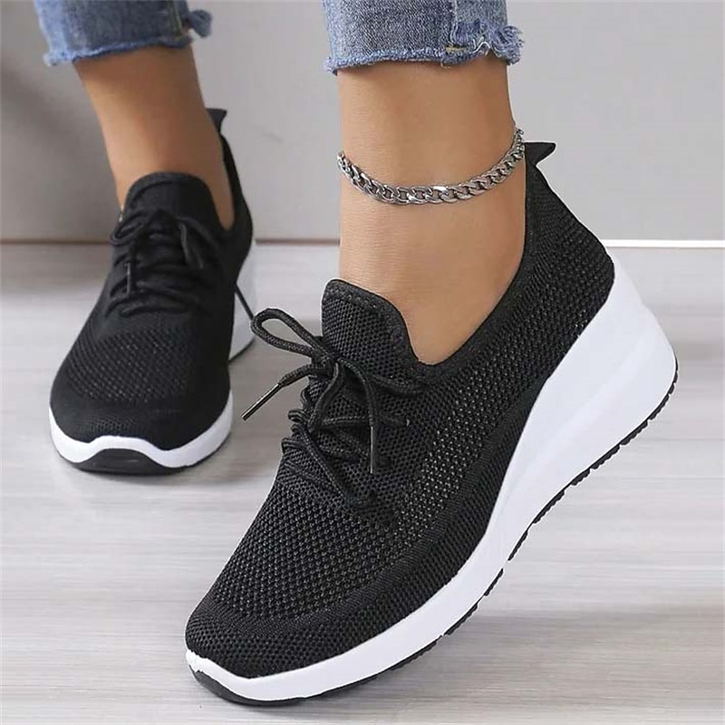 Damen Turnschuhe Schuhe mit innerer Höhenerhöhung Outdoor Täglich Feste Farbe Sommer Keilabsatz Runde Zehe Sport Brautkleider schlicht Komfort Rennen Wanderschuhe Fliegendes Weben Gummiband Schwarz 2025 - $29.99 –P8