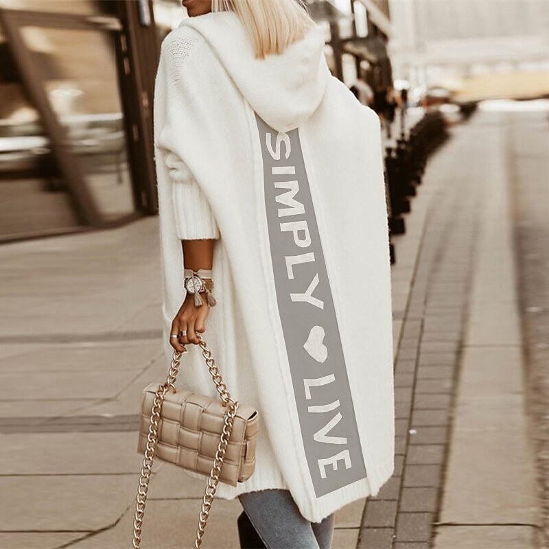 Women's Cardigan Sweater Hooded Ribbed Knit Polyester Knitted Fall Winter Tunic Outdoor Daily Holiday Stylish Casual Soft Long Sleeve Letter White S M L 2023 - US $38.99 –P2