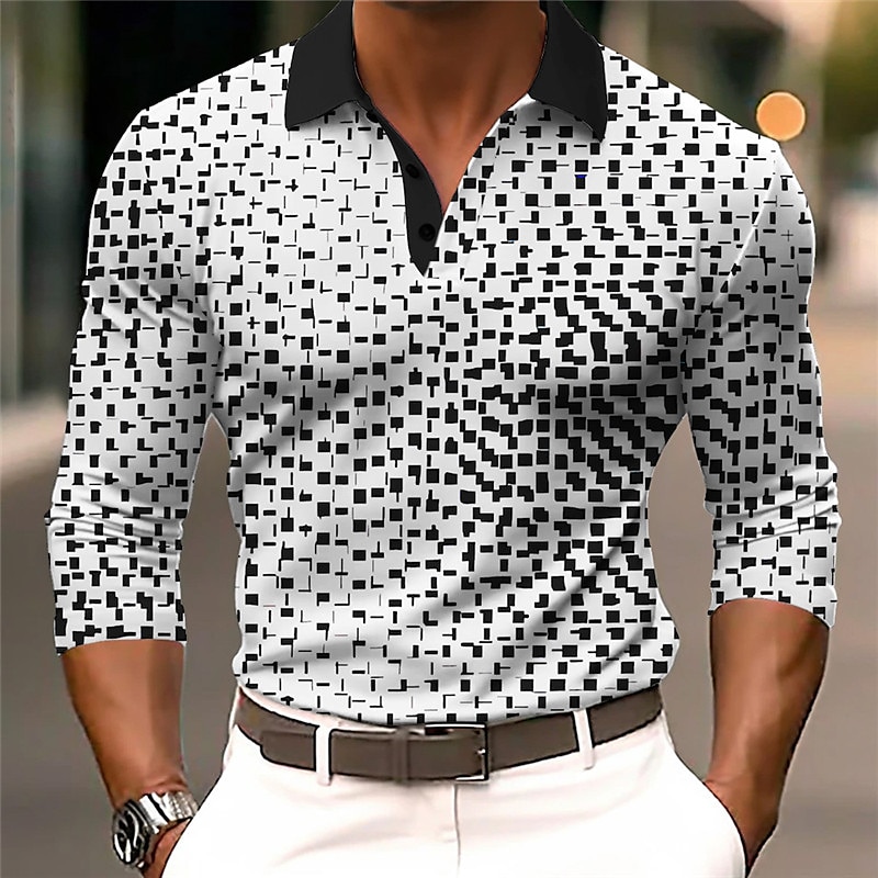 Men's Geometric Polo Shirts Golf Shirt Long Sleeve Polo Shirts Collared Shirts Business Casual WorkWear Formal Wear Festival Wear Buttons 3D Print Fall & Winter White Blue Brown 2025 - $23.99 –P1