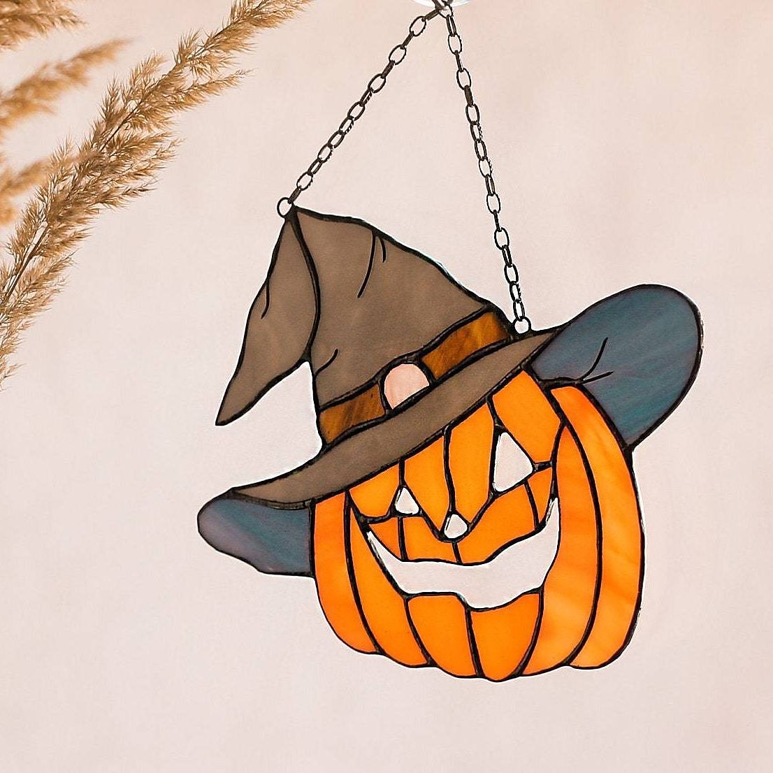 Stained Glass Pumpkin in a hat Fall Orange Halloween Suncatcher Picture Home Decor Window Wall Hangings Cling Nature Ornament Gift House 2025 - $9.49 –P1