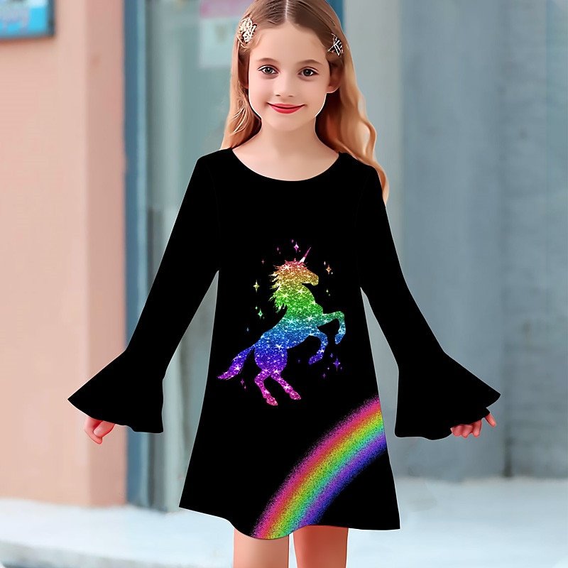 Girls' 3D Graphic Cartoon Unicorn Dress Long Sleeve 3D Print Summer Fall Vacation Sports & Outdoor Daily Cute Casual Beautiful Kids 3-12 Years Casual Dress A Line Dress Above Knee Regular Fit 2025 - $15.99 –P4