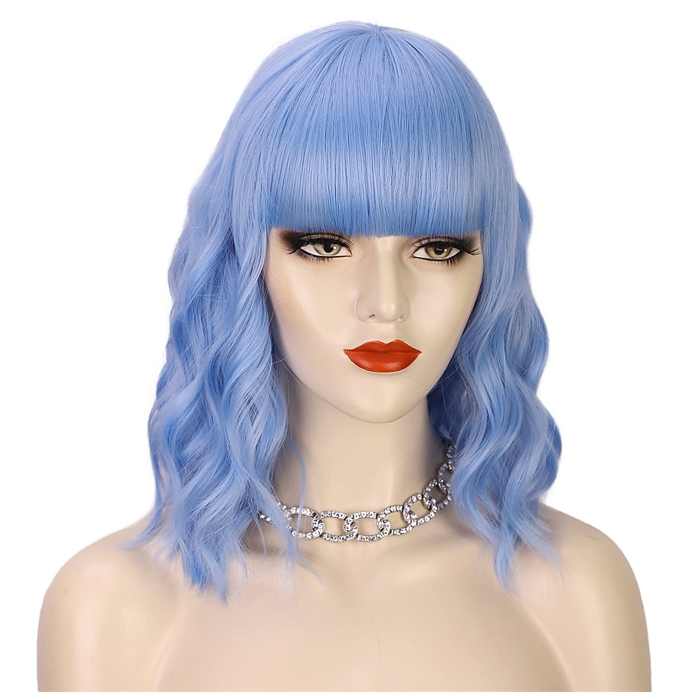 hete roze pruik met pony korte bob golvend krullend pruik schouderlengte hete roze pruiken voor vrouwen synthetisch haar kleurrijke pruik voor halloween kostuum cosplay 14 inch 2025 - $20.99 –P18