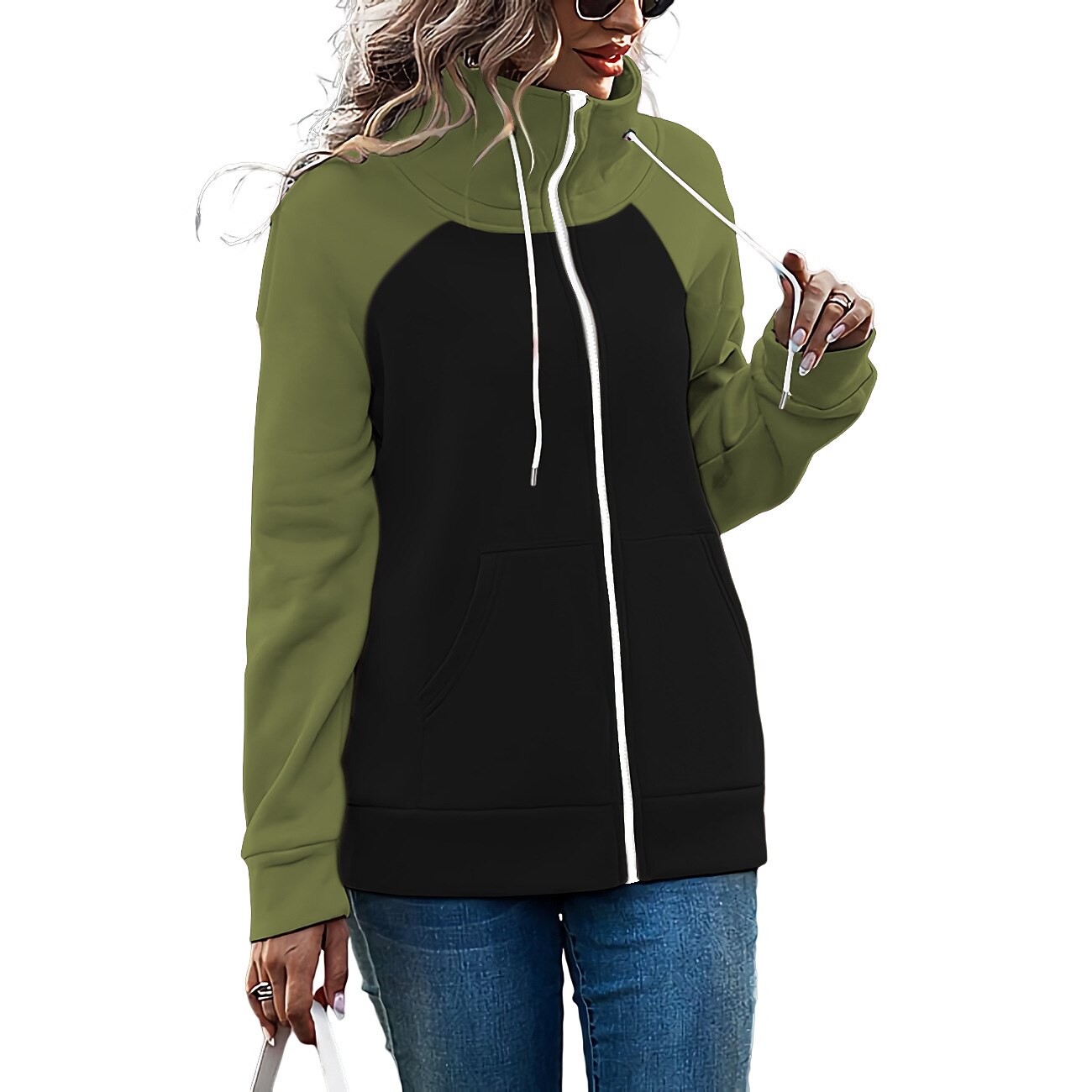 Damen Farbblock Basic Langarm Kapuzenpullover Normale Oberteile Strasse Casual Reißverschluss Vordertasche Weiß Rosa Rote Grün Armeegrün Herbst Winter 2025 - $20.99 –P11