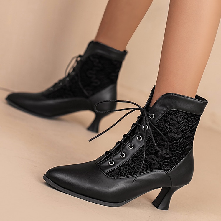 Botines blancos con cordones para mujer, paneles bordados y tacón medio: estilo victoriano elegante para ocasiones formales 2025 - $64.99 –P10