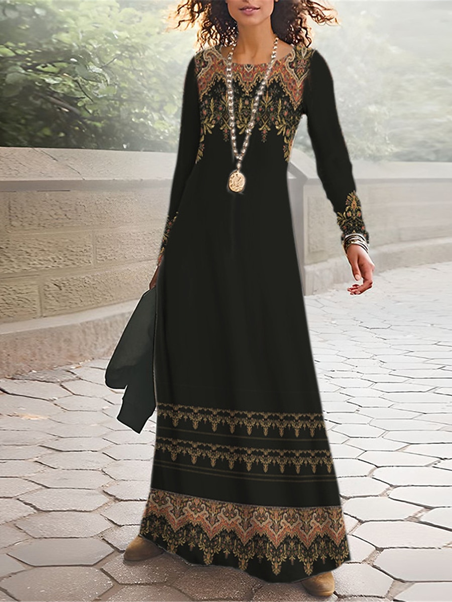 Mulheres Vestido Longo Vestido Maxi Vestido casual Roupa de inverno Vestido estampado Vintage Étnico Tribal Diário Ao ar livre Rua Normal Floral Tribal Manga Longa Gola Redonda Preto Vermelho Azul de 2026 por $34.99 –P8