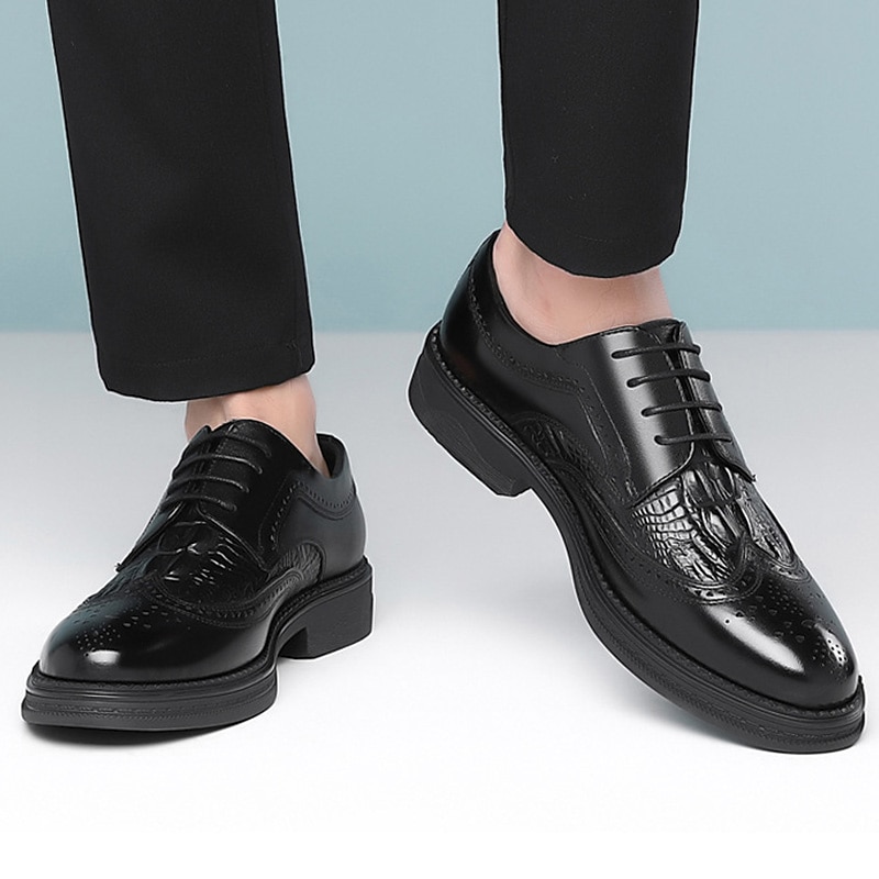 férfi barna brogue bőr oxford cipő - krokodil dombornyomott minta, fűzős kivitel, formális rendezvényekre tökéletes 2025 - $46.99 –P5