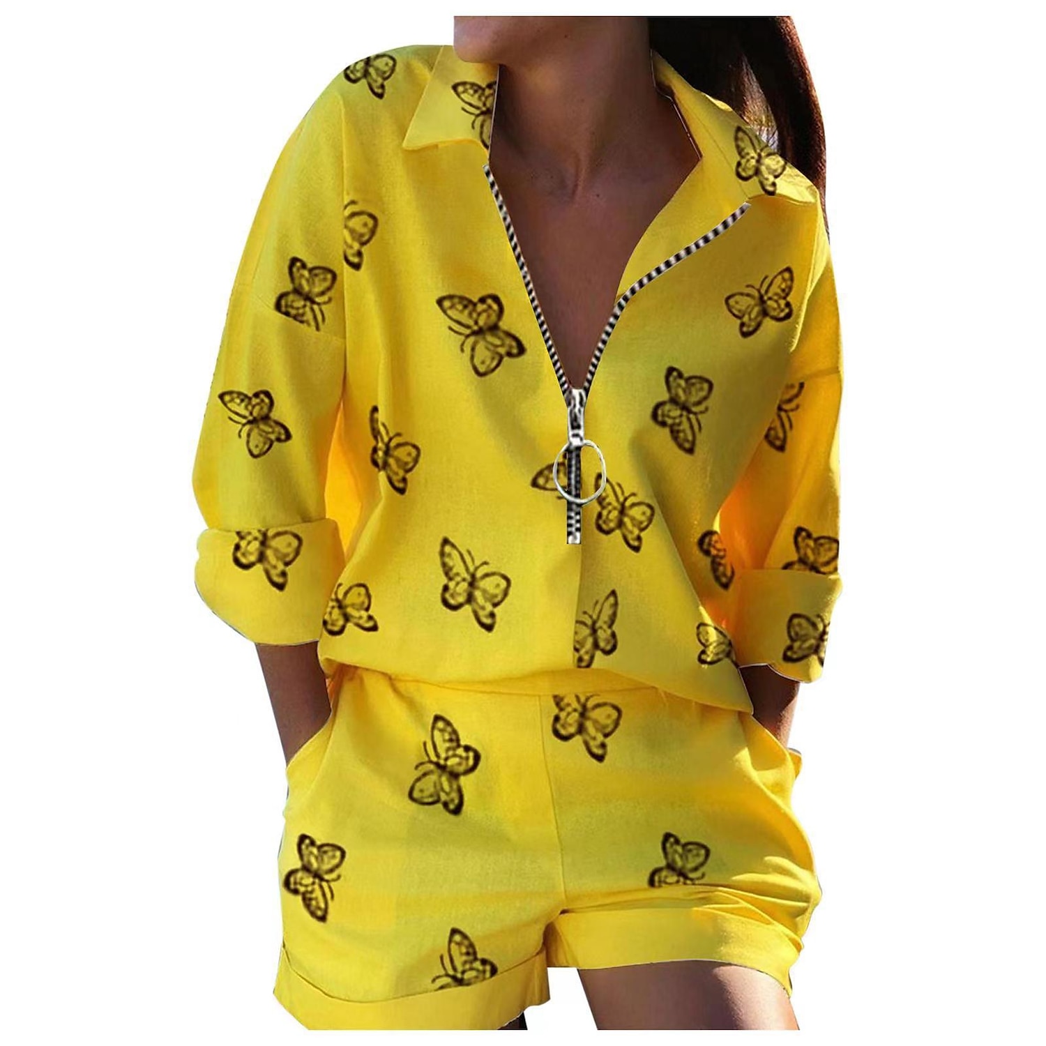 Mulheres Moda Boho Camisa Social Conjuntos de shorts Shorts largos Manga Longa Colarinho de Camisa Gráfico Borboleta Zíper Imprimir Casual / Diário Preto Branco Amarelo Primavera Verão Normal de 2025 por $27.99 –P4