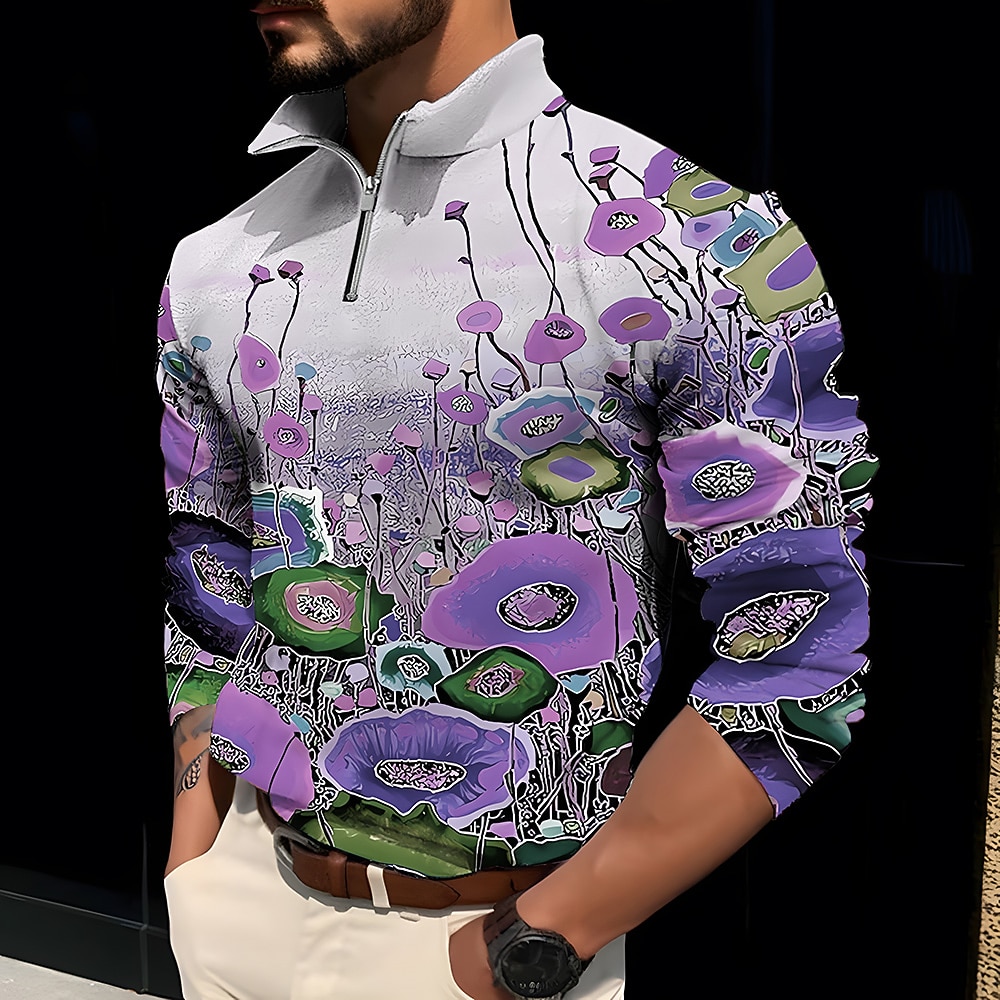 Per uomo Floreale Stampe astratte POLO Polo con zip Camicia da golf Golf Manica lunga Camicia Colletto alla coreana Esterno Strada Giallo Rosa Blu Viola Verde Cerniera Stampa Abbigliamento Di del 2026 a $25.99 –P6