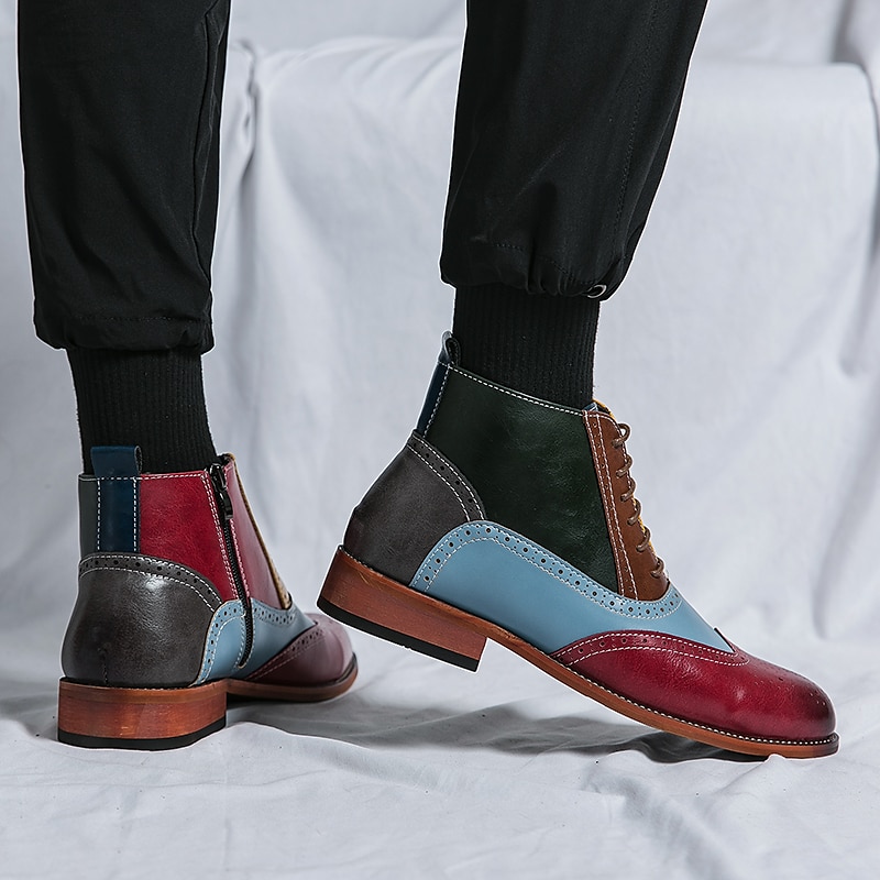 férfi vintage többszínű műbőr brogue bokacsizma - retro stílusú fűzős ruhacipő formális és alkalmi alkalmakra 2025 - $69.99 –P1