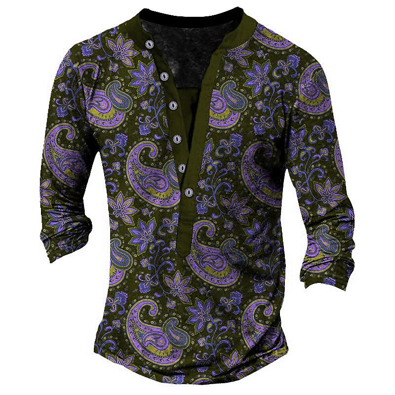 Hombre Estampados Estampado Floral Henley Shirt Camisetas gráficas camisa de la vendimia Manga Larga Impresión 3d Moda Básico Casual Exterior Vacaciones Diario Primavera & Otoño Burdeos Azul Marino 2025 - $22.99 –P4