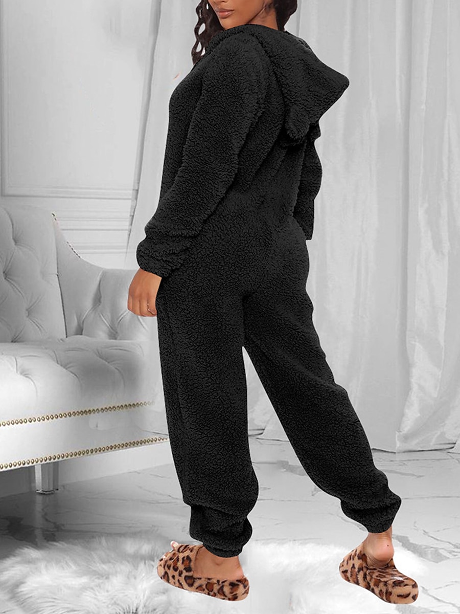 Women's Fashion Winter Warm Long Sleeve Fleece Jumpsuit Pajamas