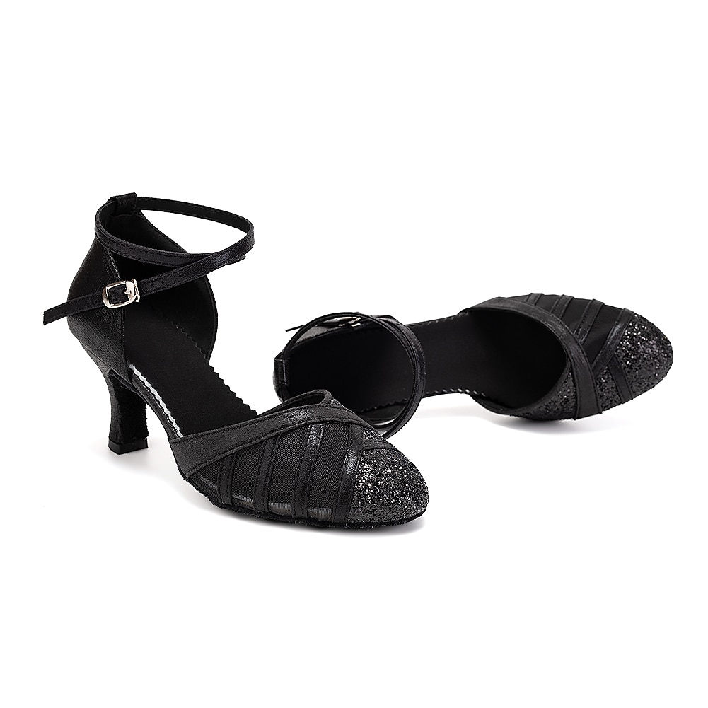 pantofi de dans latino cu sclipici roșii pentru damă – tocuri de sală cu bandă din plasă cu talpă de piele intoarsă pentru salsa și performanță 2025 - $32.99 –P12