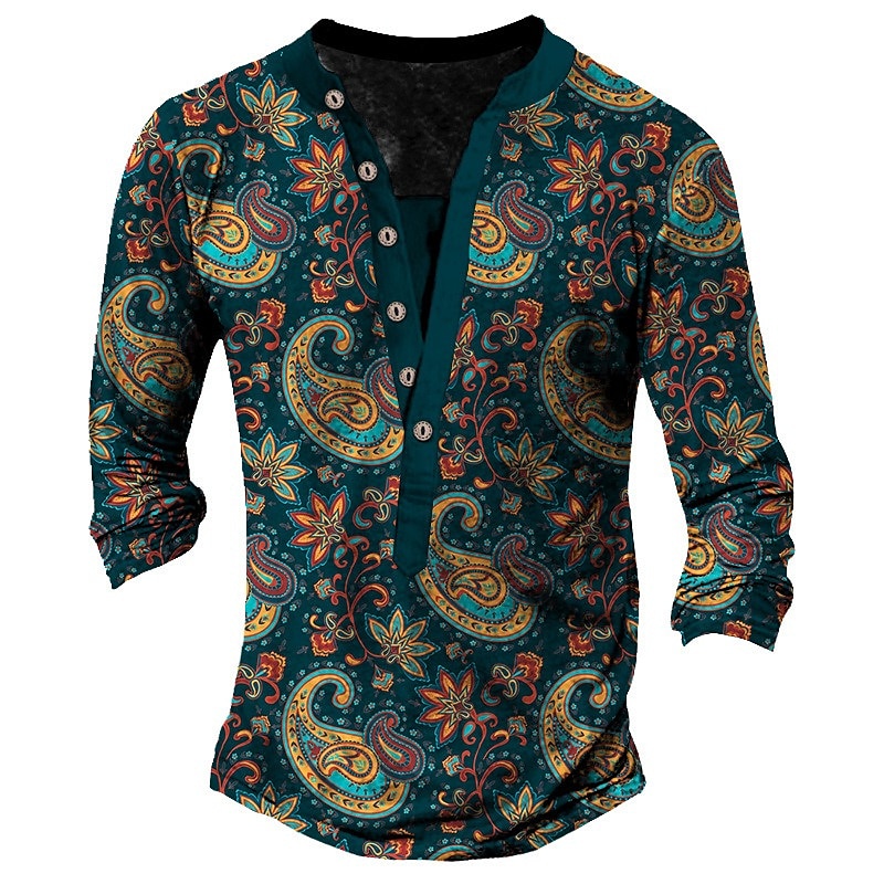 Hombre Estampados Estampado Floral Henley Shirt Camisetas gráficas camisa de la vendimia Manga Larga Impresión 3d Moda Básico Casual Exterior Vacaciones Diario Primavera & Otoño Burdeos Azul Marino 2025 - $22.99 –P1
