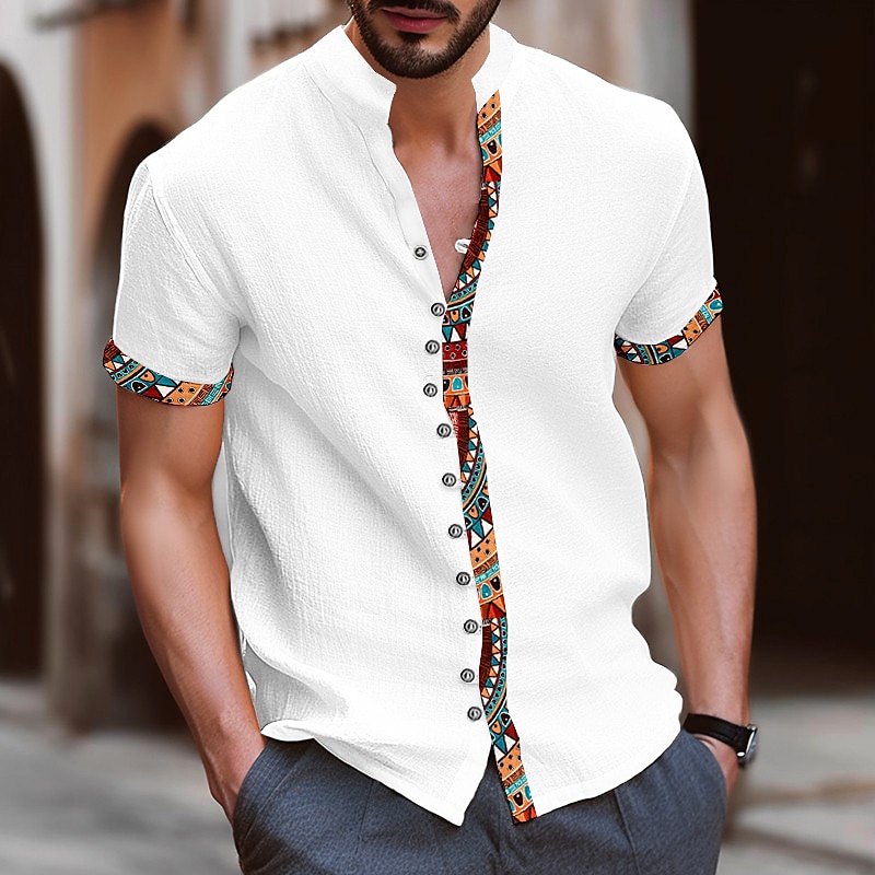 Herren Stammes Vintage Hemd Knopfhemd Kurzarm Mode Streetwear Designer Urlaub Straße Täglich Sommer Frühling Stehkragen Druck Blau-Grün Weiß Marineblau Blau Orange 2025 - $24.99 –P1