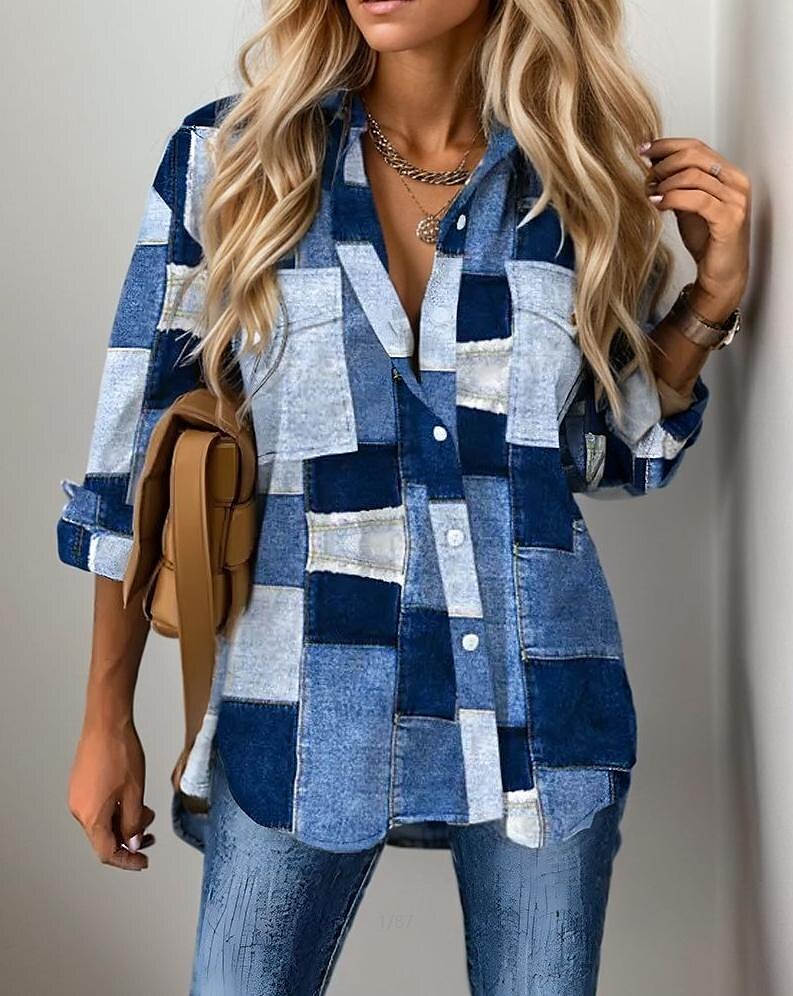 Camicia da donna a stampa 3D Basic Color Block con bottoni maniche lunghe t-shirt regolare colletto casual blu primavera e autunno del 2025 a $34.99 –P1