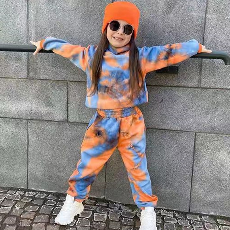 2 Stück kinderkleidung Mädchen Batik Tasche Set aus Kapuzenpullover und Jogginghose einstellen Langarm Aktiv Ausbildung 3-7 Jahre Herbst Rote Orange 2025 - $29.99 –P8