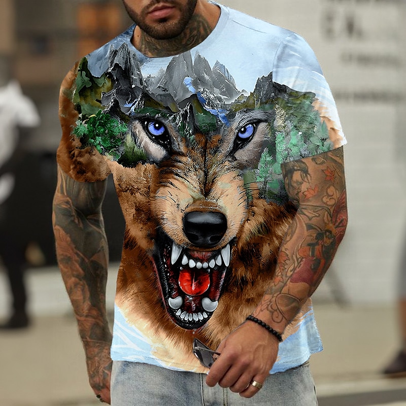 Hombre Animal Lobo Camiseta Camisetas gráficas Manga Corta Camiseta Impresión 3D Cuello Barco Camisa Design Casual Exterior Diario Vacaciones Azul Piscina Marrón Gris Primavera verano Ropa S M L XL 2025 - $17.99 –P2