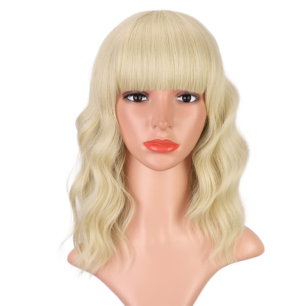 hete roze pruik met pony korte bob golvend krullend pruik schouderlengte hete roze pruiken voor vrouwen synthetisch haar kleurrijke pruik voor halloween kostuum cosplay 14 inch 2025 - $20.99 –P14